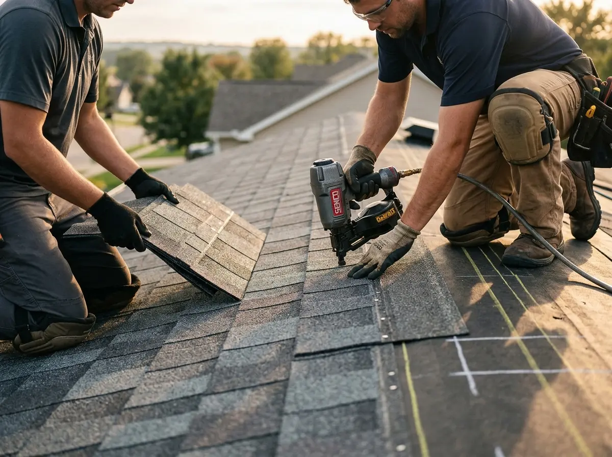 Professional roofer working on a residential roof in Bolton